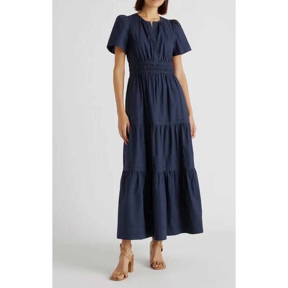 Quince Blue Organic Cotton Tiered Maxi Dress Size Medium Women's Pockets